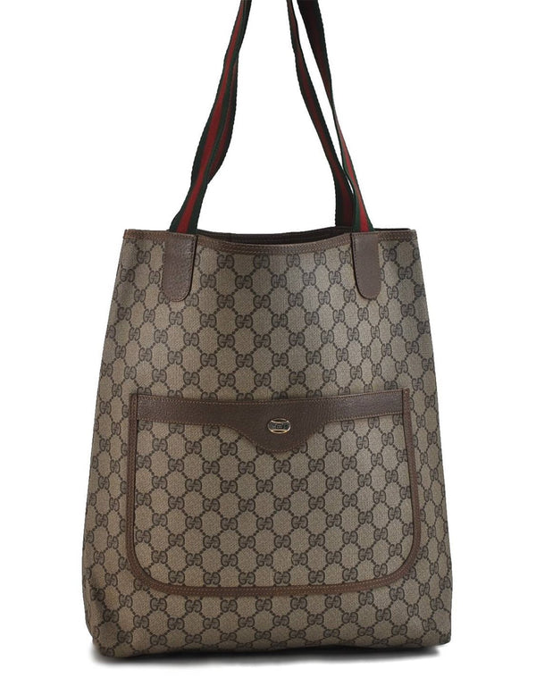 Authentic GUCCI Web Sherry Line Shoulder Tote Bag PVC Leather Brown 7510C