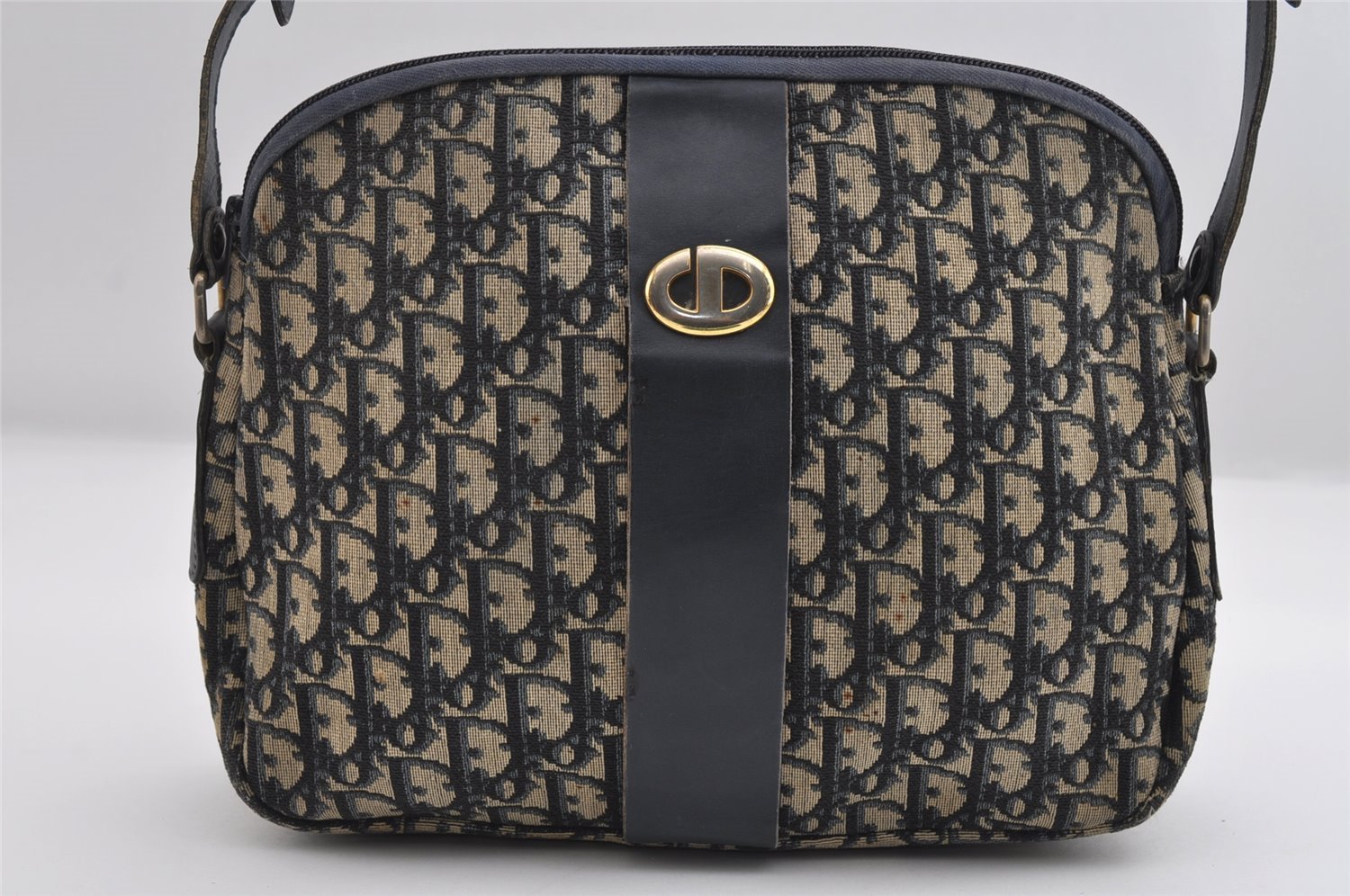 Authentic Christian Dior Trotter Shoulder Bag Purse Canvas Leather Blue 7528I