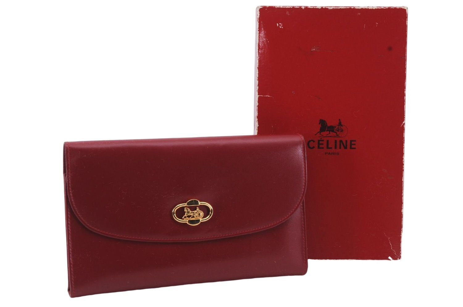 Authentic CELINE Carriage Motif Wallet Clutch Bag Purse Leather Red Box 7533D