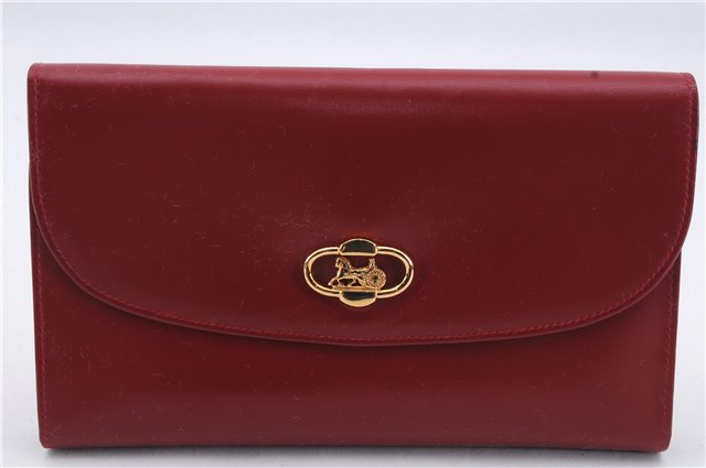 Authentic CELINE Carriage Motif Wallet Clutch Bag Purse Leather Red Box 7533D