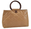 Auth CHANEL Calf Skin Matelasse Tortoise Shell Handle Hand Bag Beige CC 7544D