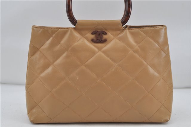 Auth CHANEL Calf Skin Matelasse Tortoise Shell Handle Hand Bag Beige CC 7544D