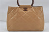 Auth CHANEL Calf Skin Matelasse Tortoise Shell Handle Hand Bag Beige CC 7544D