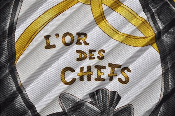 Authentic HERMES Pleats Scarf "L'OR DES CHEFS" Silk Ivory Gold 7551C