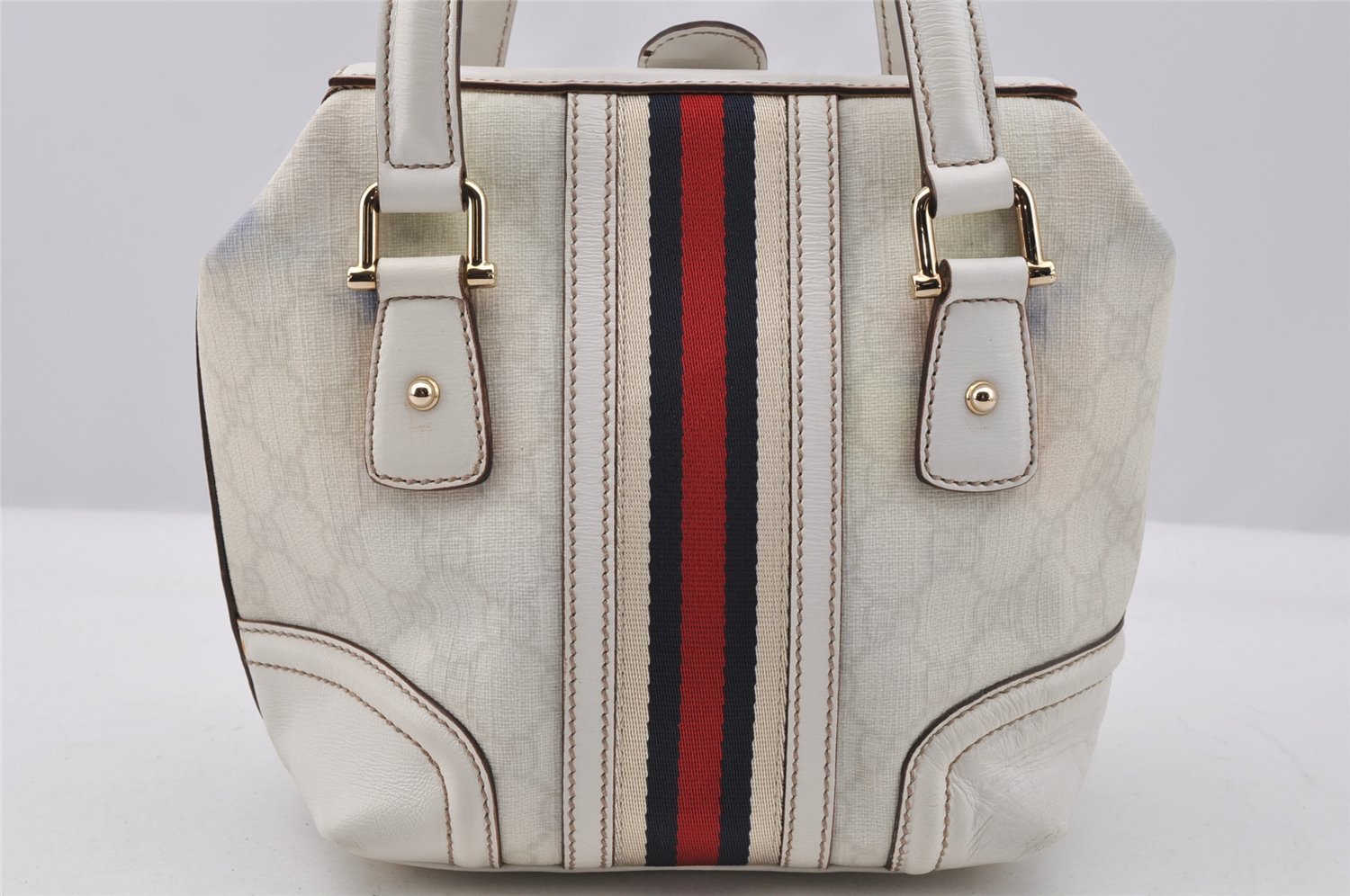 Auth GUCCI Sherry Line Doctors Bag Hand Bag GG PVC Leather 153028 White 7564I