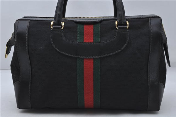 Auth GUCCI Micro GG Web Sherry Line Boston Hand Bag Canvas Leather Black 7569D