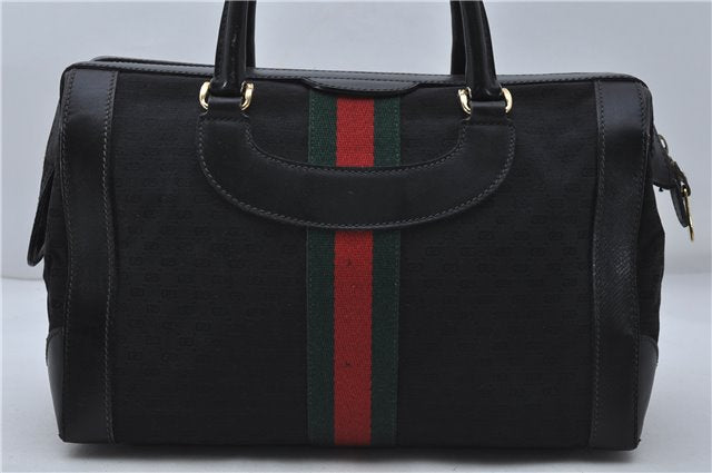 Auth GUCCI Micro GG Web Sherry Line Boston Hand Bag Canvas Leather Black 7569D