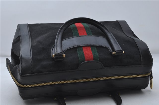 Auth GUCCI Micro GG Web Sherry Line Boston Hand Bag Canvas Leather Black 7569D