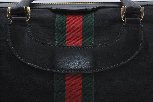 Auth GUCCI Micro GG Web Sherry Line Boston Hand Bag Canvas Leather Black 7569D