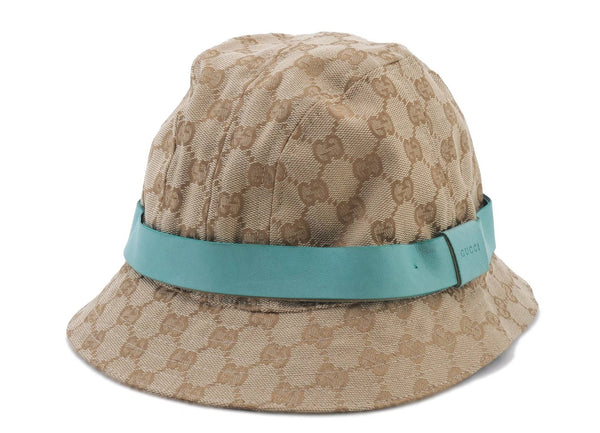 Authentic GUCCI Bucket Hat GG Canvas Leather Size L 030367 Beige Green 7580C