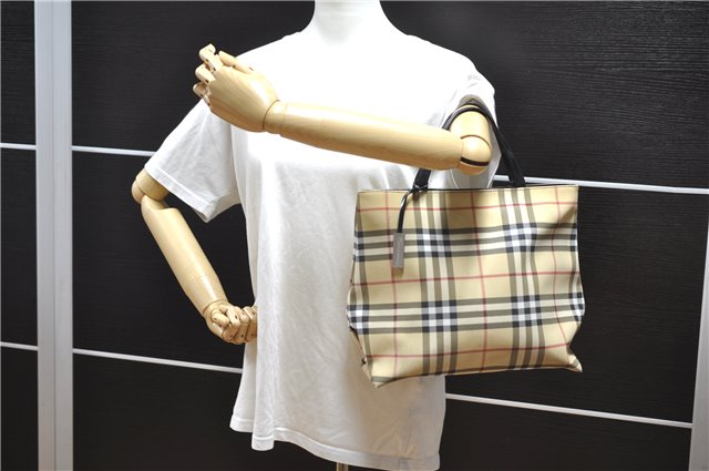 Authentic BURBERRY Nova Check Hand Tote Bag PVC Leather Beige 7582F