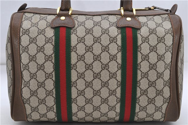 Authentic GUCCI Web Sherry Line Hand Boston Bag GG PVC Leather Brown 7584D