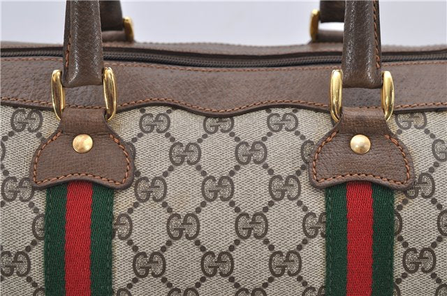 Authentic GUCCI Web Sherry Line Hand Boston Bag GG PVC Leather Brown 7584D