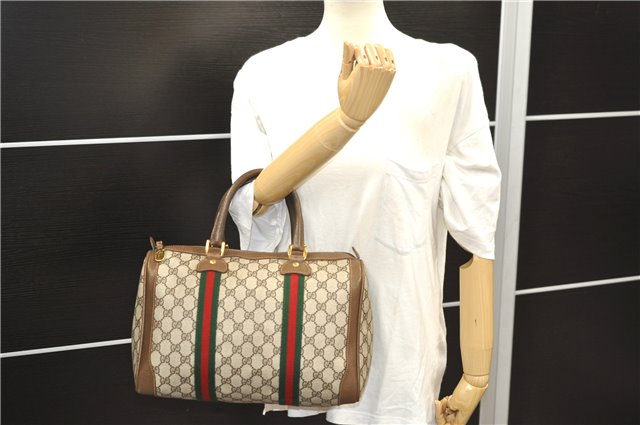 Authentic GUCCI Web Sherry Line Hand Boston Bag GG PVC Leather Brown 7584D