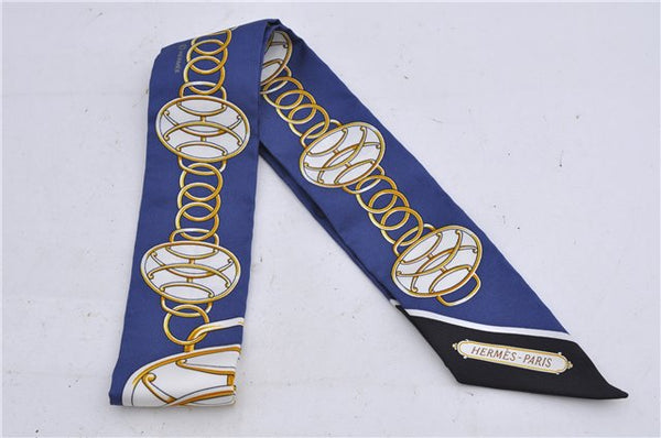 Authentic HERMES Twilly Scarf Silk "Lift Profile" Blue Box 7588C