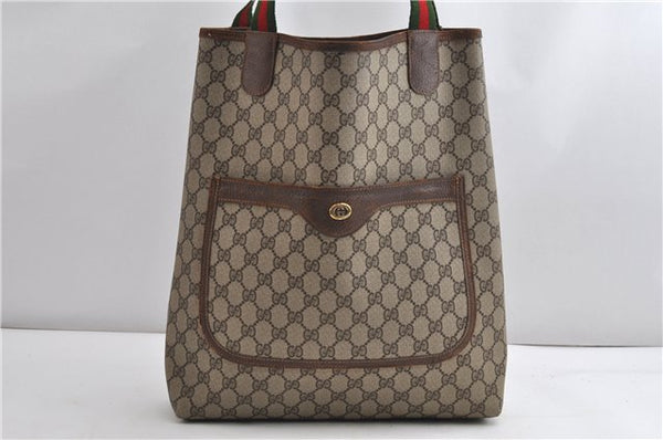 Authentic GUCCI Web Sherry Line Shoulder Tote Bag GG PVC Leather Brown 7588F