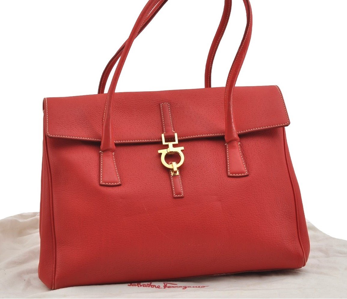 Authentic Salvatore Ferragamo Gancini Leather Shoulder Hand Bag Red 7594I