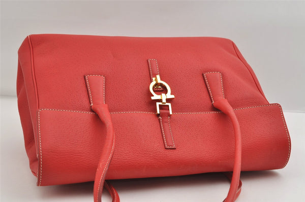 Authentic Salvatore Ferragamo Gancini Leather Shoulder Hand Bag Red 7594I