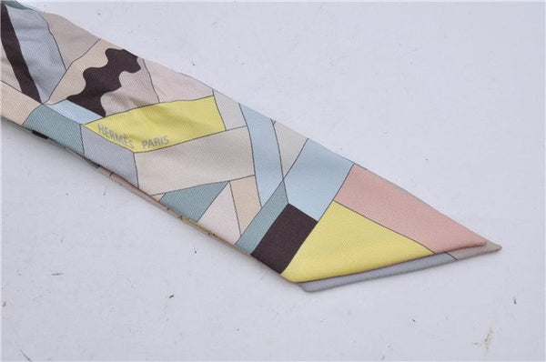 Auth HERMES Twilly Scarf "Perspective Cavaliere" Silk Beige Multicolor 7598C
