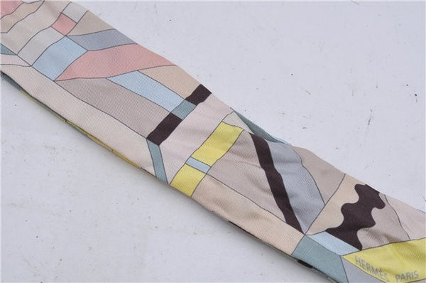 Auth HERMES Twilly Scarf "Perspective Cavaliere" Silk Beige Multicolor 7598C