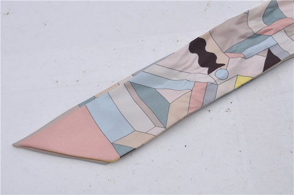 Auth HERMES Twilly Scarf "Perspective Cavaliere" Silk Beige Multicolor 7598C