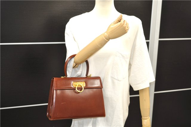 Authentic Ferragamo Gancini Vintage Leather Hand Bag Purse Brown 7600D