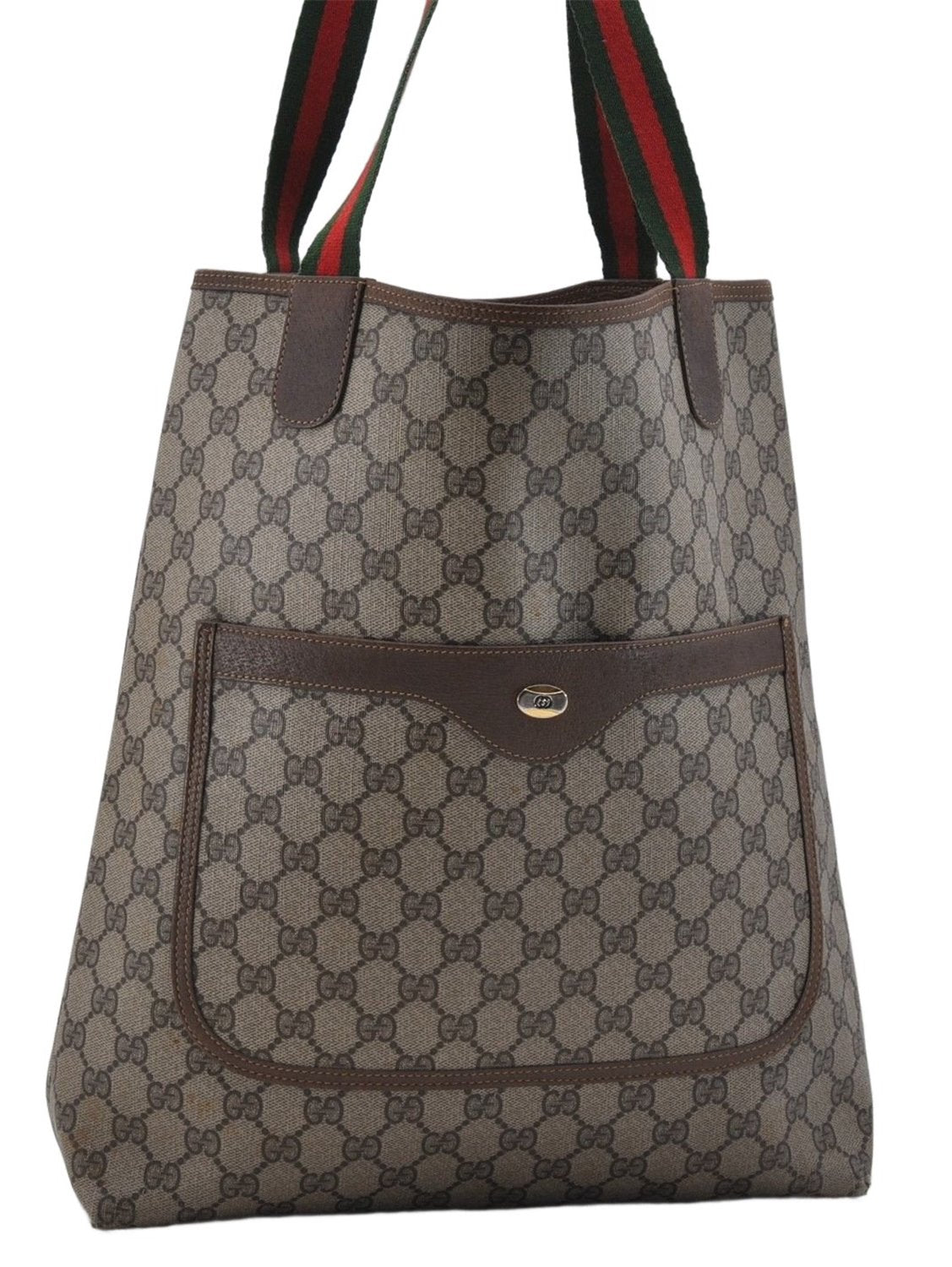 Authentic GUCCI Web Sherry Line Shoulder Tote Bag GG PVC Leather Brown 7601D