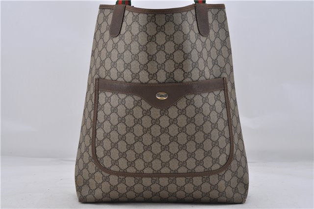 Authentic GUCCI Web Sherry Line Shoulder Tote Bag GG PVC Leather Brown 7601D