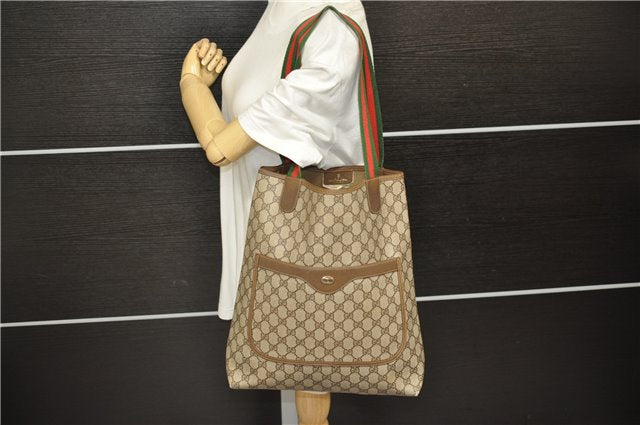 Authentic GUCCI Web Sherry Line Shoulder Tote Bag GG PVC Leather Brown 7601D