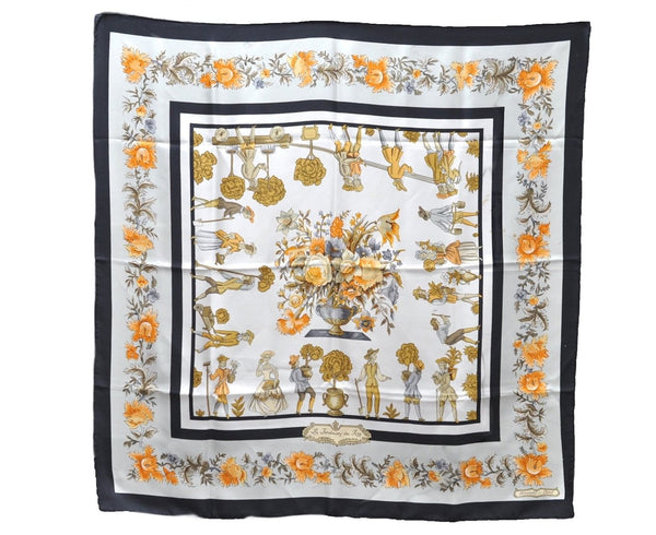 Authentic HERMES Carre 90 Scarf "Les Jardiniers du Roy" Silk Black 7603D