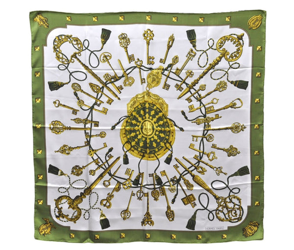 Authentic HERMES Carre 90 Scarf Key Tassel Motif Silk Green 7608D