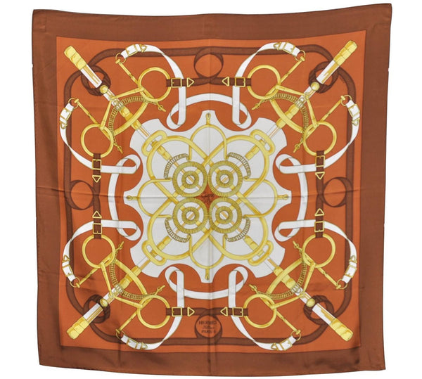 Authentic HERMES Carre 90 Scarf "Eperon d'or" Silk Brown 7609C