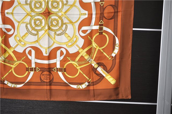 Authentic HERMES Carre 90 Scarf "Eperon d'or" Silk Brown 7609C