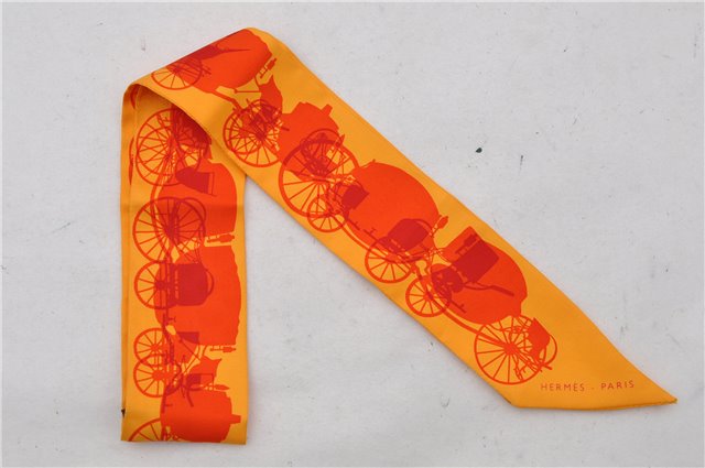 Authentic HERMES Twilly Scarf Carriage Pattern Silk Orange 7611C