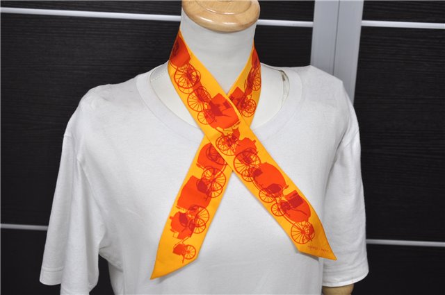 Authentic HERMES Twilly Scarf Carriage Pattern Silk Orange 7611C