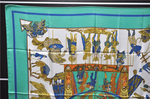 Authentic HERMES Carre 90 Scarf "LE TEMPS des MARIONNETTES" Silk Green 7611D