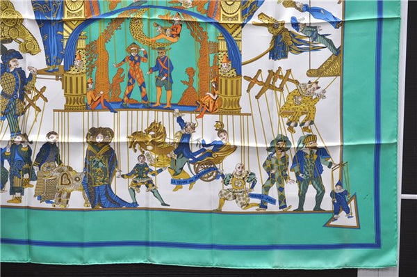 Authentic HERMES Carre 90 Scarf "LE TEMPS des MARIONNETTES" Silk Green 7611D