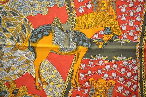 Authentic HERMES Carre 90 Scarf "ART De STEPPES" Silk Red 7615D