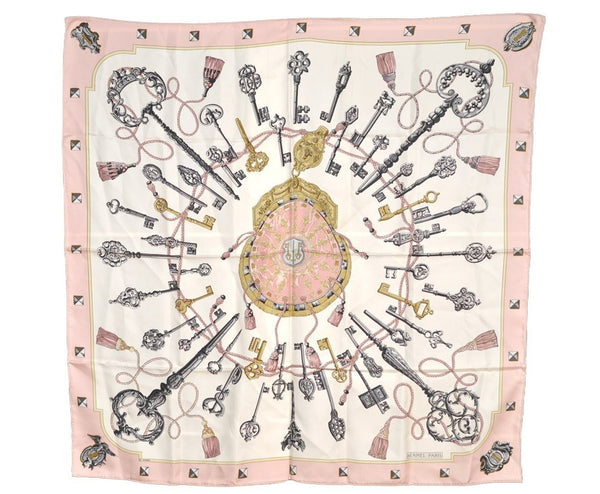 Authentic HERMES Carre 90 Scarf "LES CLES" Silk Pink 7616I