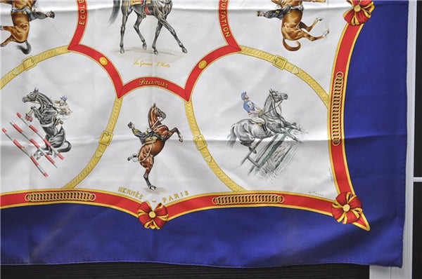 Authentic HERMES Carre 90 Scarf "ECOLE FRANCAISE DEQUITATION" Silk Blue 7619D