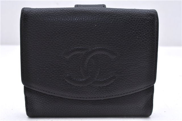 Authentic CHANEL Caviar Skin CoCo Mark Bifold Wallet Purse Black 7628D