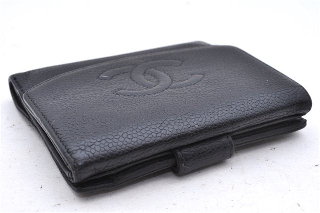 Authentic CHANEL Caviar Skin CoCo Mark Bifold Wallet Purse Black 7628D