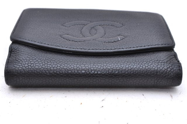 Authentic CHANEL Caviar Skin CoCo Mark Bifold Wallet Purse Black 7628D