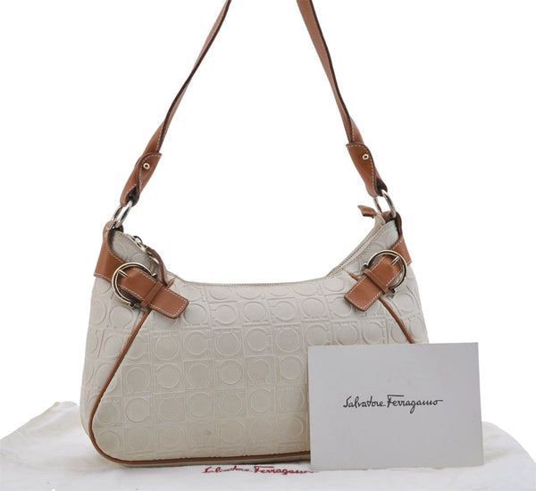 Authentic Ferragamo Gancini Leather Shoulder Hand Bag Purse White Brown 7632D