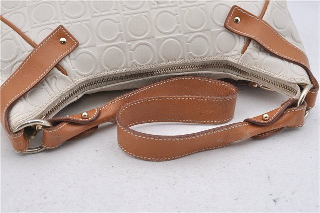 Authentic Ferragamo Gancini Leather Shoulder Hand Bag Purse White Brown 7632D