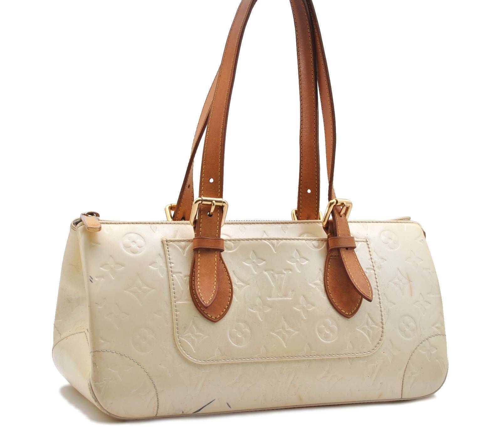 Auth LOUIS VUITTON Vernis Rose Wood Avenu Shoulder Bag M93508 Ivory LV 7647B