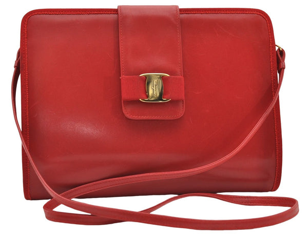 Authentic Ferragamo Vara Leather Shoulder Cross Body Bag Purse Red 7650D