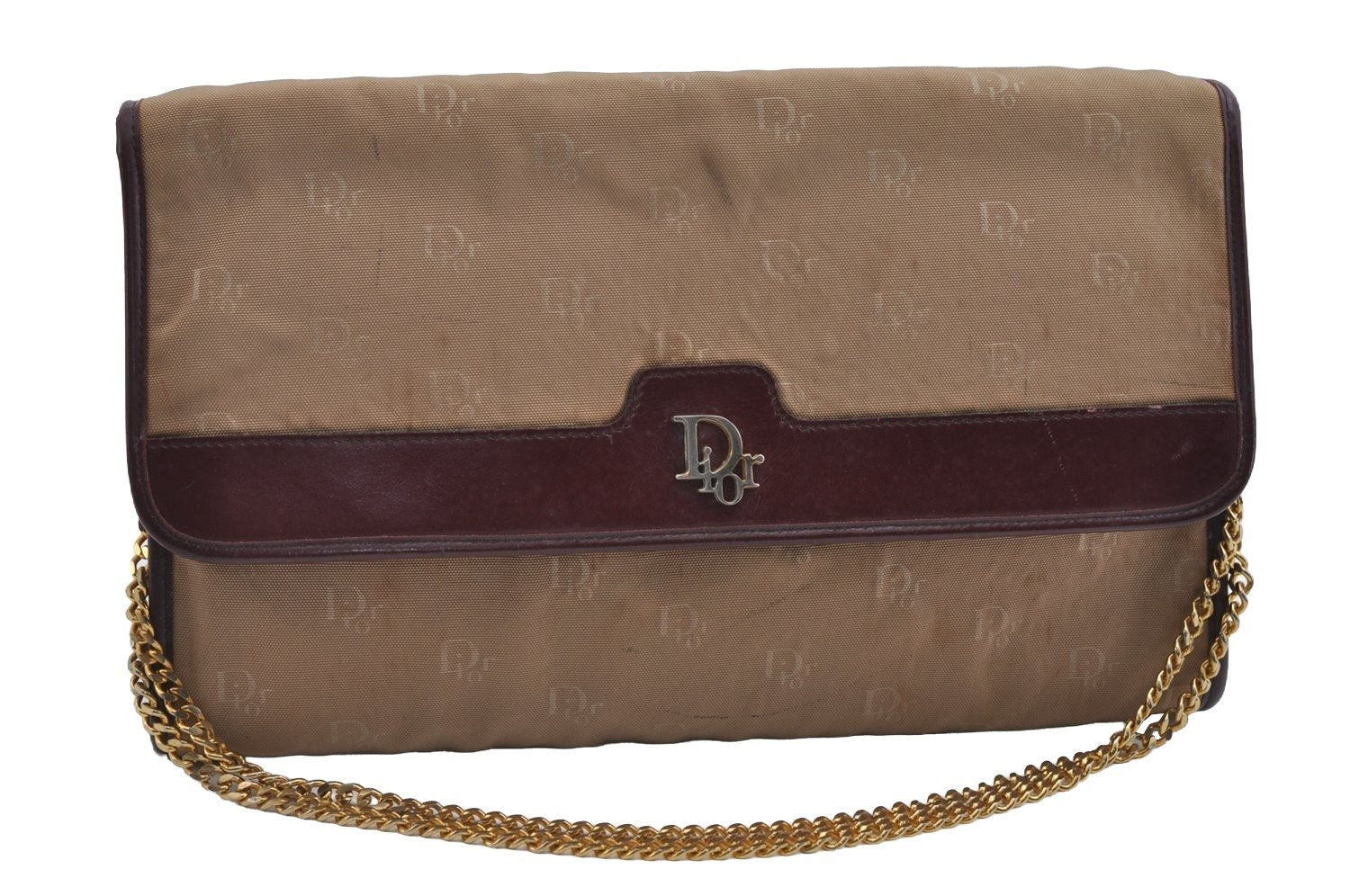 Authentic Christian Dior Chain Shoulder Hand Bag Purse Nylon Leather Beige 7654I