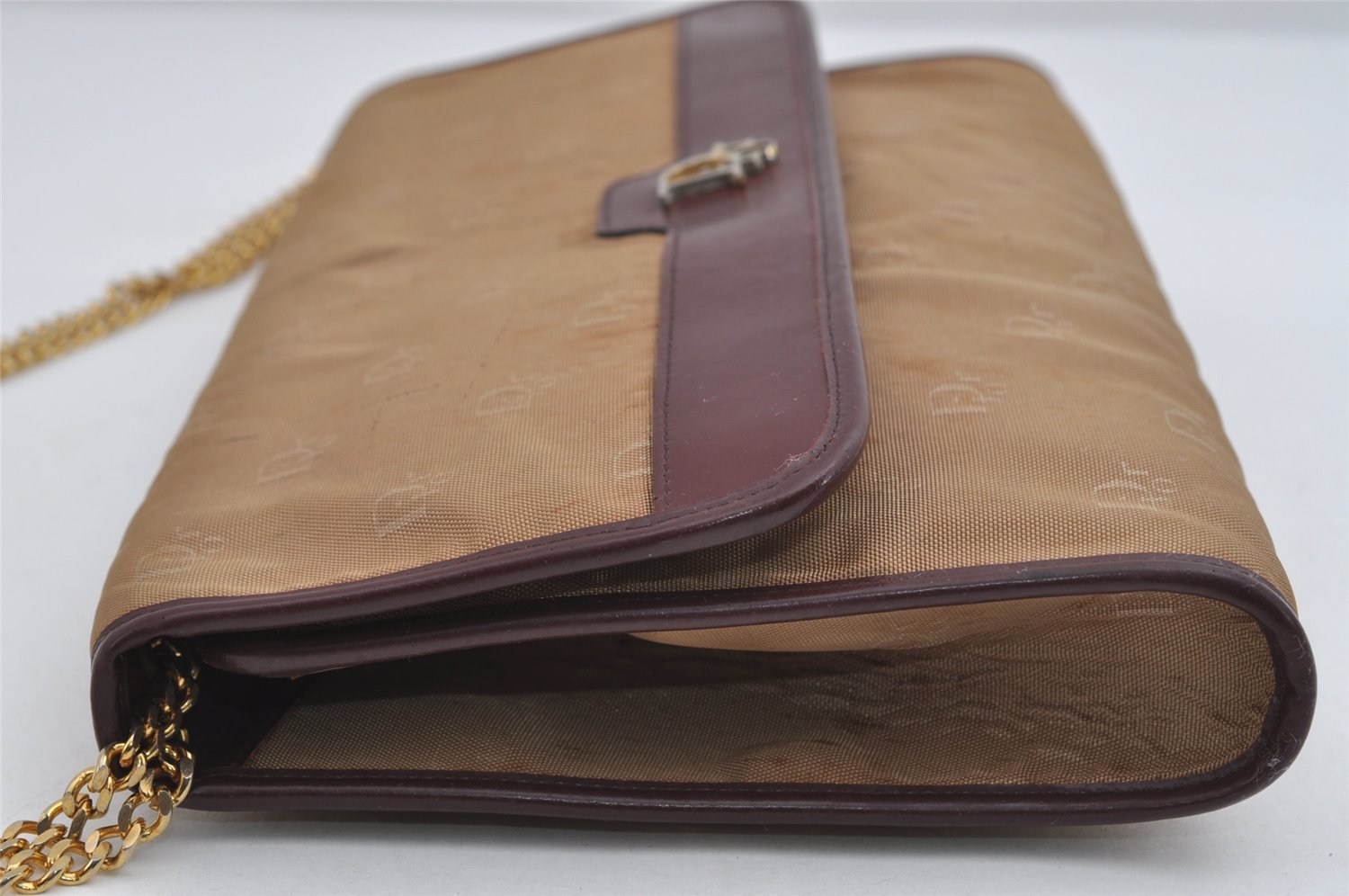 Authentic Christian Dior Chain Shoulder Hand Bag Purse Nylon Leather Beige 7654I