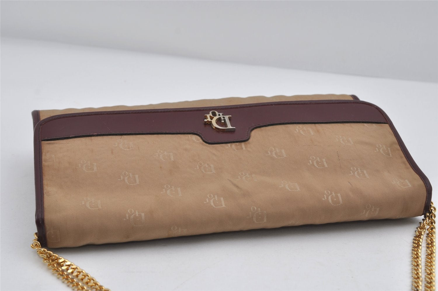 Authentic Christian Dior Chain Shoulder Hand Bag Purse Nylon Leather Beige 7654I